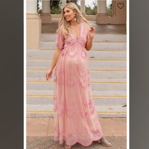 Pink lace mesh overlay maternity maxi dress